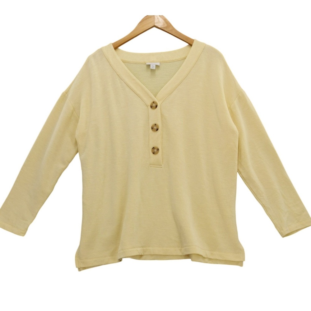 J Jill Petite V Neck Button Henley Top Sz‎ L Super Soft Fleece Interior
